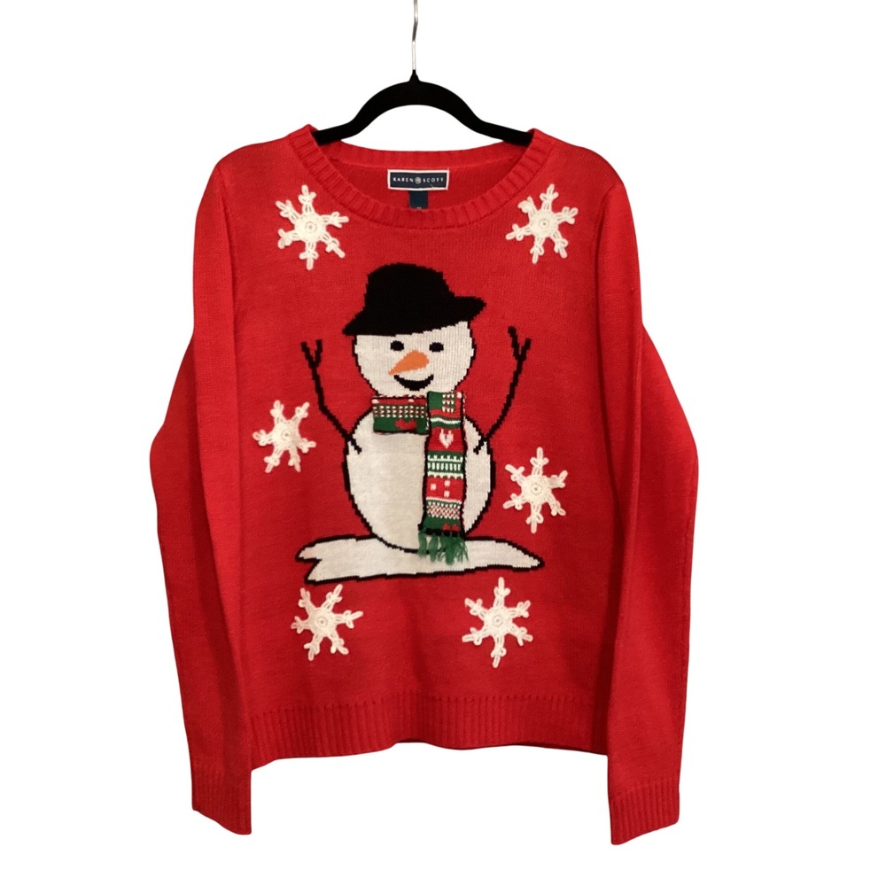 Karen Scott Womens Red Snowman Snowflake Ugly Christmas Sweater Size M Acrylic